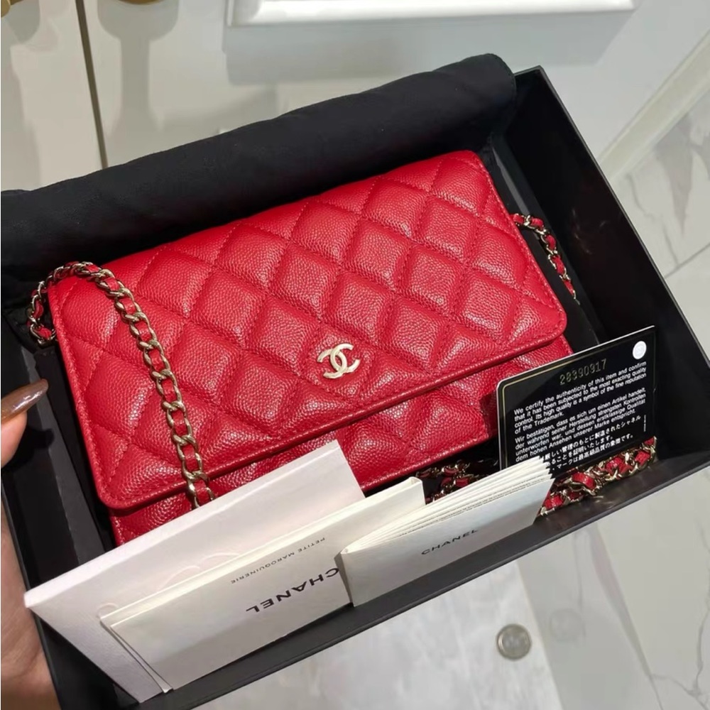 CHANEL Caviar Quilted Wallet on Chain WOC Red